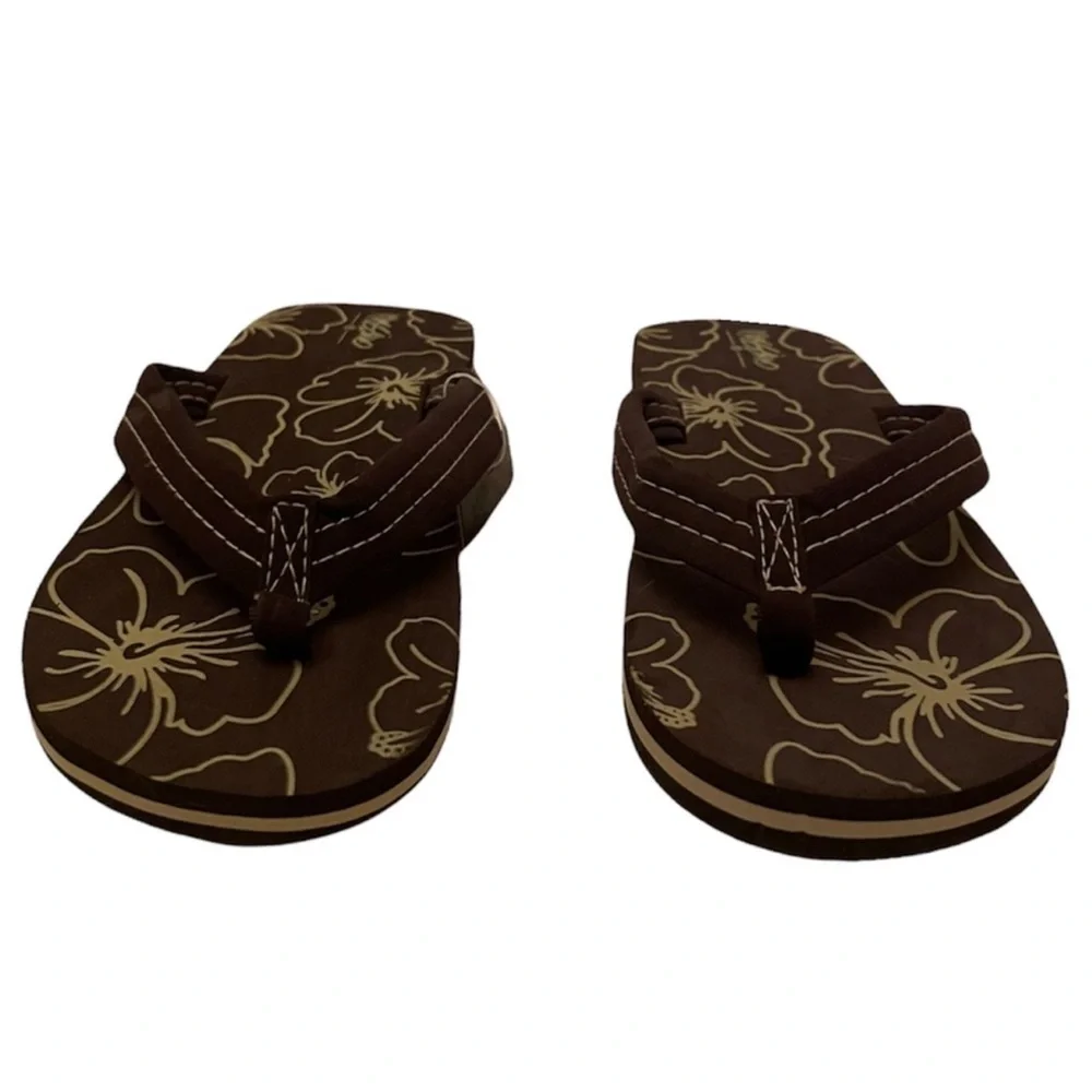 Brown Tropical Flower Flip Flops Casual Floral Unisex Non Gender Kids Size L 3/4
